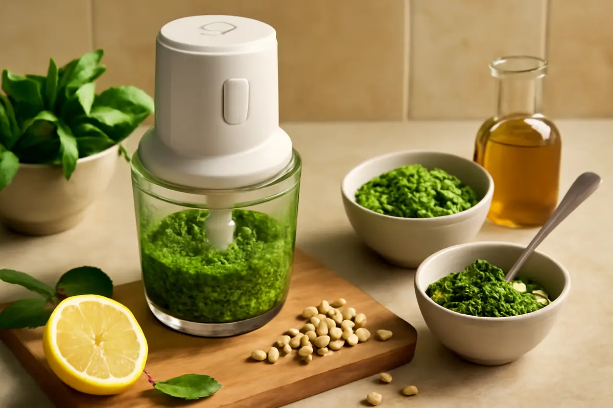 Mini tritatutto elettrico per salse e pesto: la funzione che permette di ottenere texture perfette anche con erbe delicate